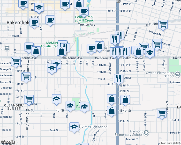 map of restaurants, bars, coffee shops, grocery stores, and more near 515 10th Street in Bakersfield