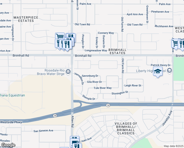 map of restaurants, bars, coffee shops, grocery stores, and more near 1000 Blenheim Way in Bakersfield