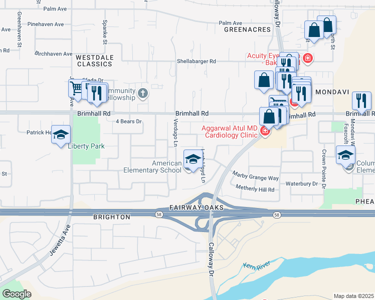 map of restaurants, bars, coffee shops, grocery stores, and more near 10415 Olympia Fields Drive in Bakersfield
