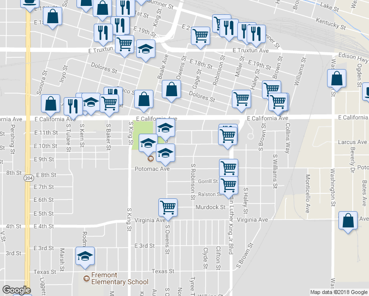 map of restaurants, bars, coffee shops, grocery stores, and more near 1004 South Robinson Street in Bakersfield