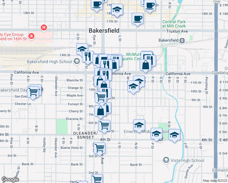 map of restaurants, bars, coffee shops, grocery stores, and more near 1016 K Street in Bakersfield