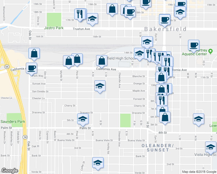 map of restaurants, bars, coffee shops, grocery stores, and more near 2117 Park Way in Bakersfield