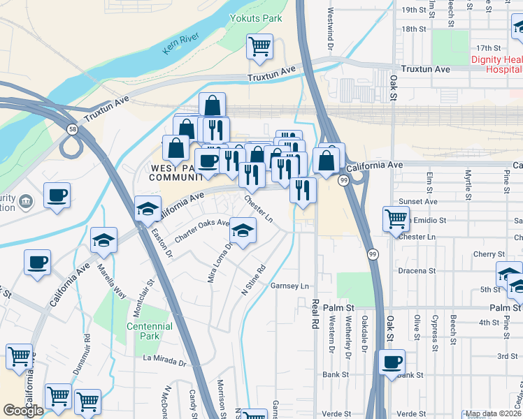 map of restaurants, bars, coffee shops, grocery stores, and more near in Bakersfield