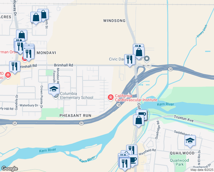 map of restaurants, bars, coffee shops, grocery stores, and more near 921 Jasmine Parke Drive in Bakersfield