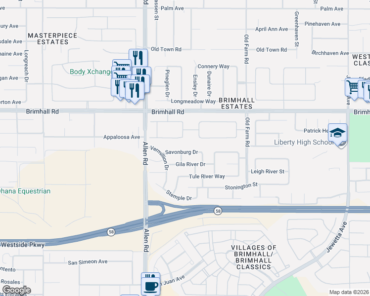 map of restaurants, bars, coffee shops, grocery stores, and more near 1000 Blenheim Way in Bakersfield