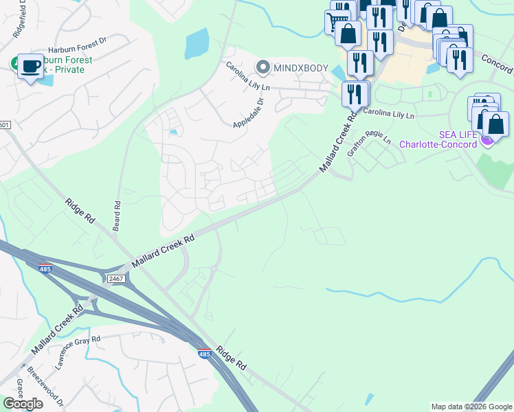 map of restaurants, bars, coffee shops, grocery stores, and more near 2625 Mallard Creek Road in Charlotte