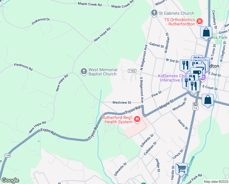 map of restaurants, bars, coffee shops, grocery stores, and more near 169 Saint John Zion Road in Rutherfordton