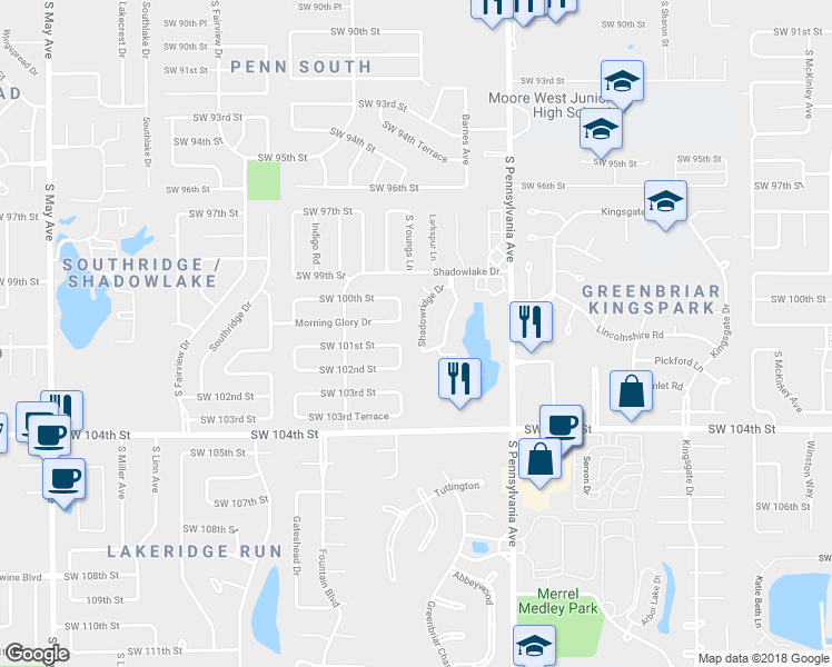 map of restaurants, bars, coffee shops, grocery stores, and more near 10104 Shadowridge Drive in Oklahoma City