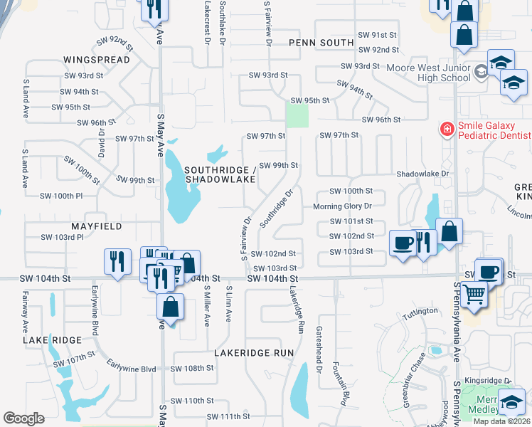 map of restaurants, bars, coffee shops, grocery stores, and more near 10047 Southridge Drive in Oklahoma City