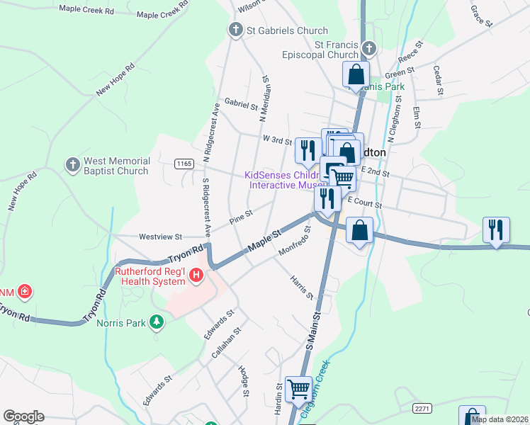 map of restaurants, bars, coffee shops, grocery stores, and more near 124 South Mitchell Avenue in Rutherfordton