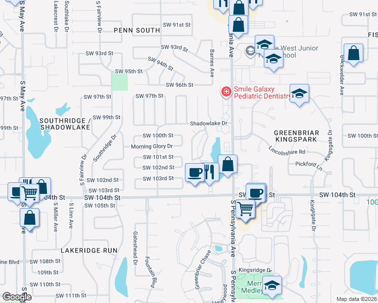 map of restaurants, bars, coffee shops, grocery stores, and more near 10207 Shadowridge Drive in Oklahoma City