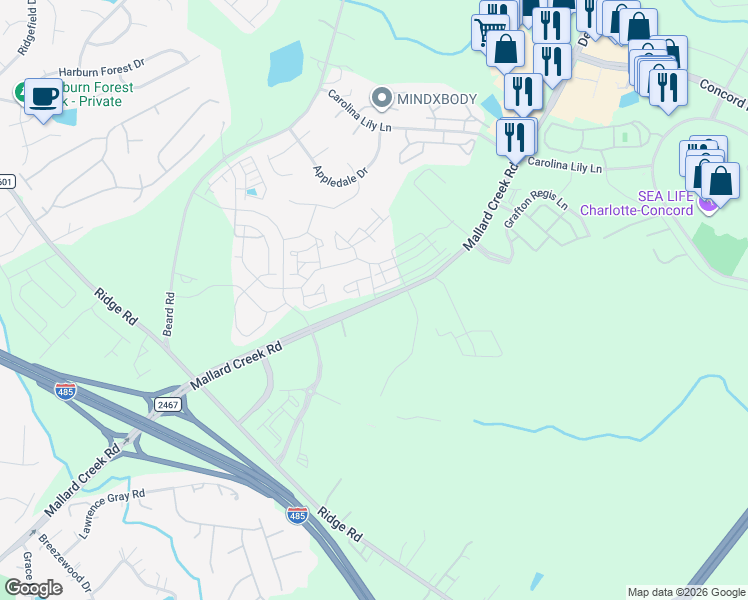 map of restaurants, bars, coffee shops, grocery stores, and more near 2625 Mallard Creek Road in Charlotte