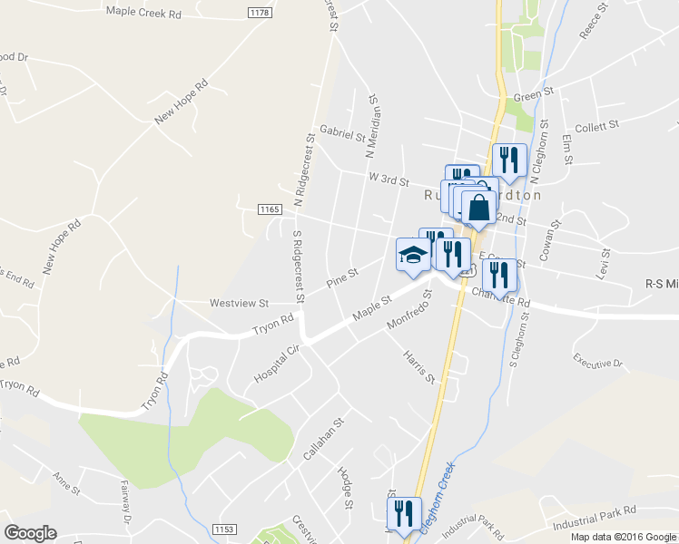 map of restaurants, bars, coffee shops, grocery stores, and more near 166 Pine Street in Rutherfordton