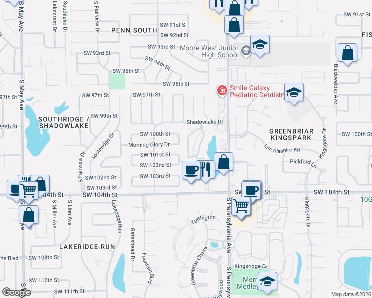 map of restaurants, bars, coffee shops, grocery stores, and more near 10104 Shadowridge Drive in Oklahoma City