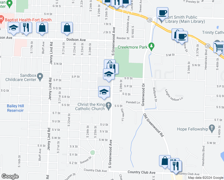 map of restaurants, bars, coffee shops, grocery stores, and more near South Greenwood Avenue in Fort Smith