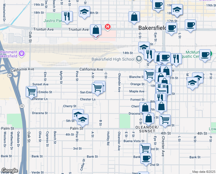 map of restaurants, bars, coffee shops, grocery stores, and more near 924 C Street in Bakersfield