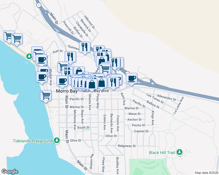 map of restaurants, bars, coffee shops, grocery stores, and more near 781 Harbor Street in Morro Bay