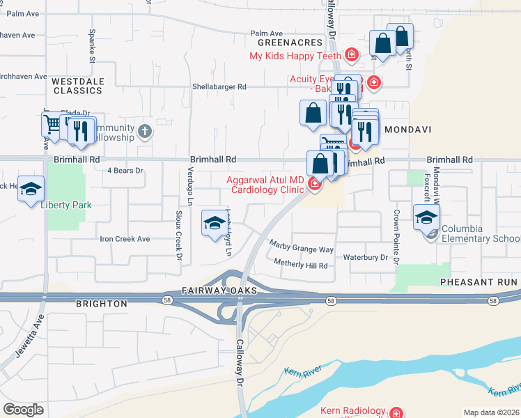 map of restaurants, bars, coffee shops, grocery stores, and more near 10112 Brookline Woods Drive in Bakersfield