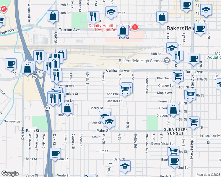 map of restaurants, bars, coffee shops, grocery stores, and more near 2516 Sunset Avenue in Bakersfield
