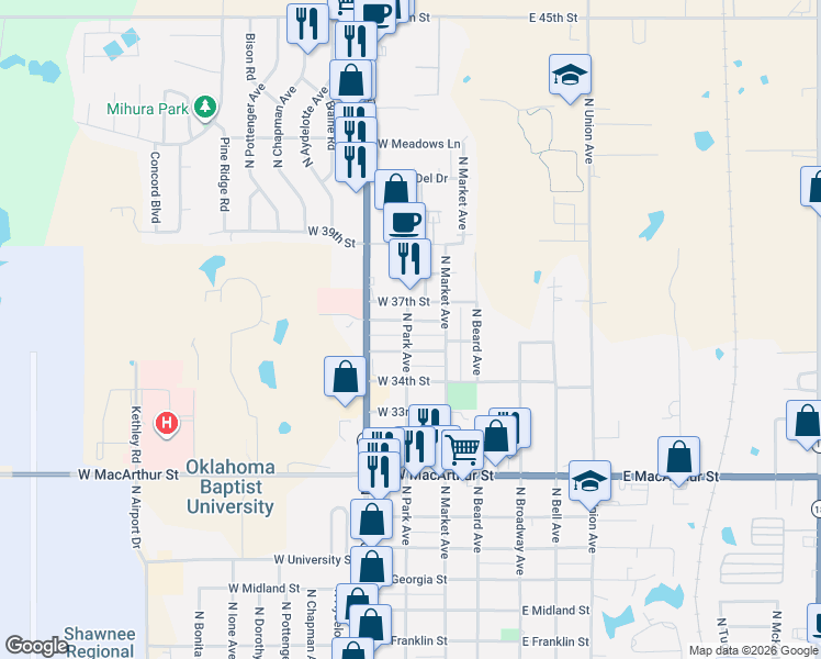 map of restaurants, bars, coffee shops, grocery stores, and more near 302 West 36th Street in Shawnee