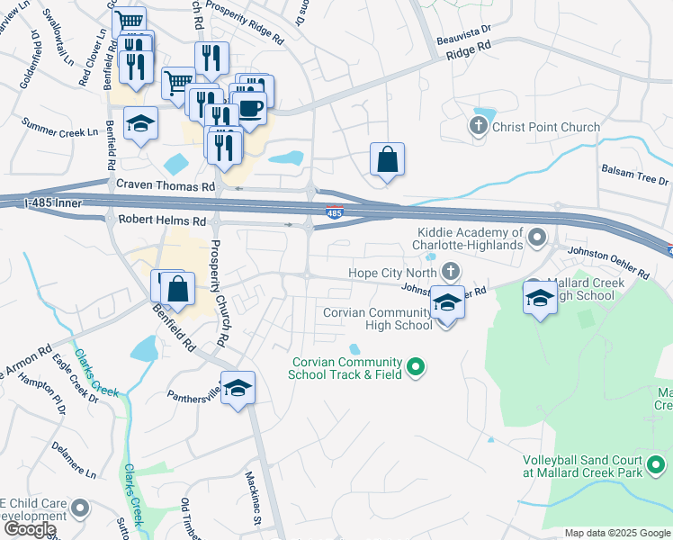 map of restaurants, bars, coffee shops, grocery stores, and more near 4414 Johnston Oehler Road in Charlotte