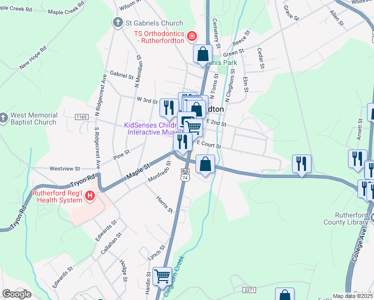 map of restaurants, bars, coffee shops, grocery stores, and more near 129 North Main Street in Rutherfordton