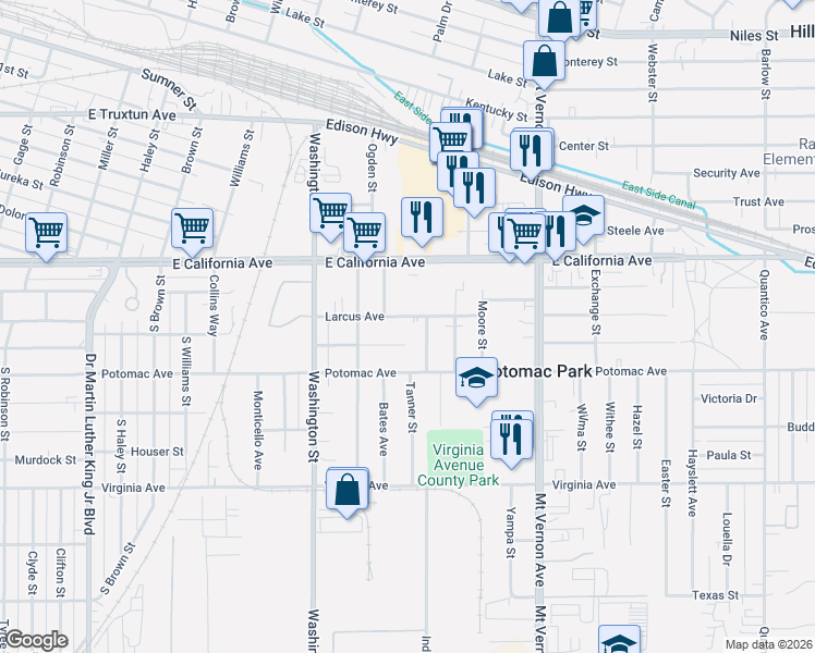 map of restaurants, bars, coffee shops, grocery stores, and more near 2010 Larcus Avenue in Bakersfield