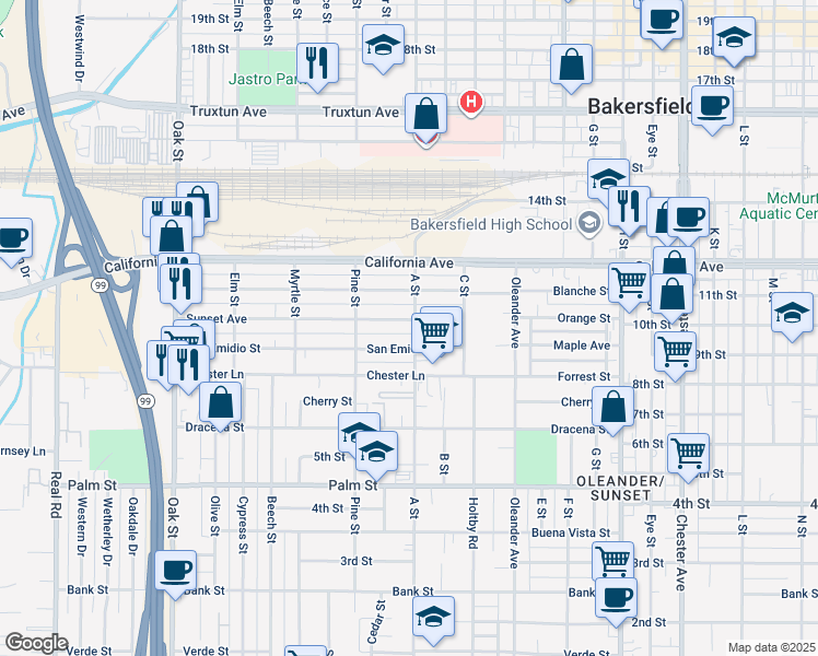 map of restaurants, bars, coffee shops, grocery stores, and more near 2402 Sunset Avenue in Bakersfield
