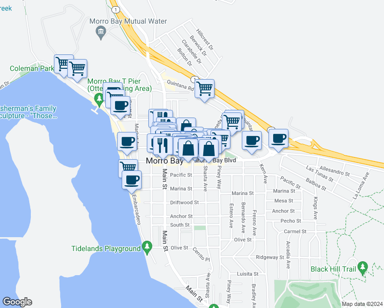 map of restaurants, bars, coffee shops, grocery stores, and more near in Morro Bay