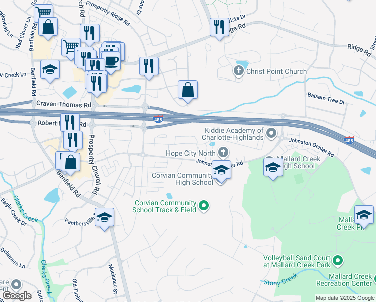 map of restaurants, bars, coffee shops, grocery stores, and more near 4212 Johnston Oehler Road in Charlotte