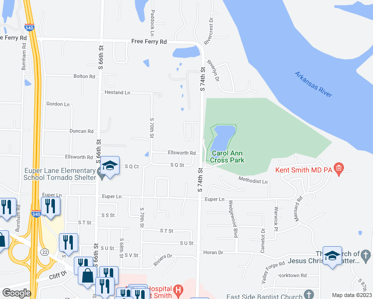 map of restaurants, bars, coffee shops, grocery stores, and more near 7301 Ellsworth Road in Fort Smith
