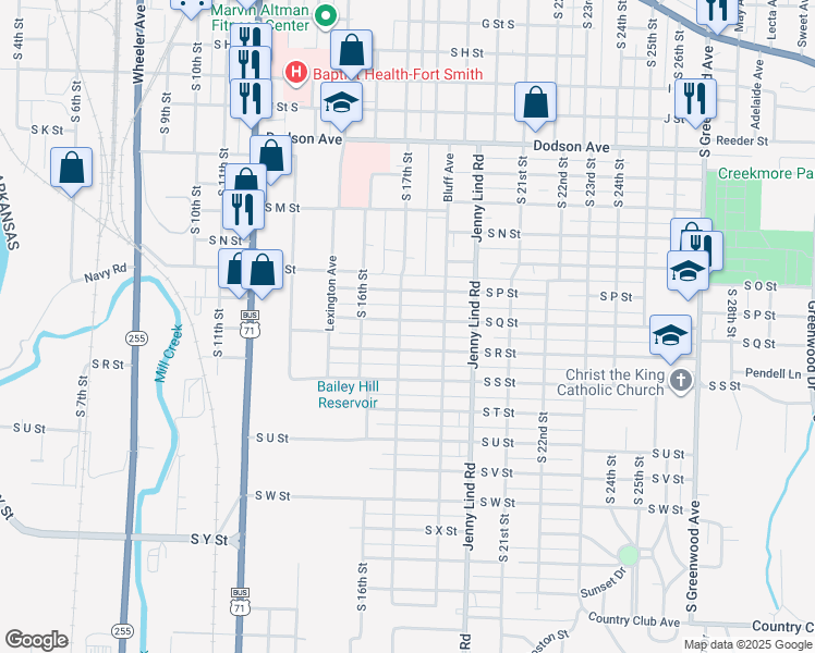 map of restaurants, bars, coffee shops, grocery stores, and more near 1625 South Q Street in Fort Smith