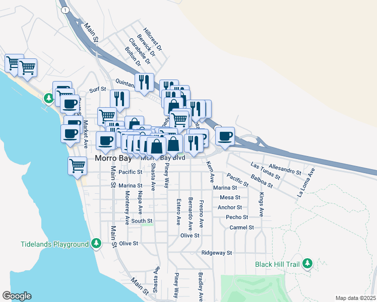 map of restaurants, bars, coffee shops, grocery stores, and more near 781 Harbor Street in Morro Bay