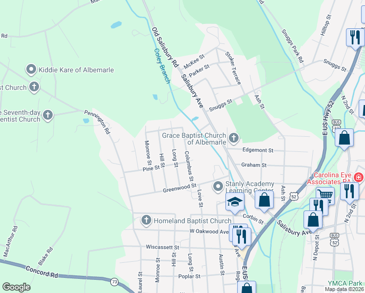 map of restaurants, bars, coffee shops, grocery stores, and more near 1400 Columbus Street in Albemarle