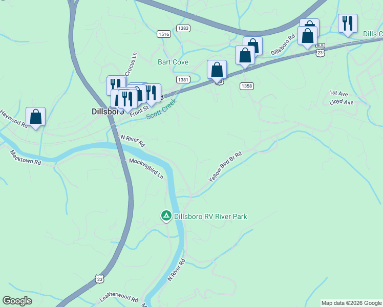 map of restaurants, bars, coffee shops, grocery stores, and more near 201 Wind Crest Ridge in Sylva