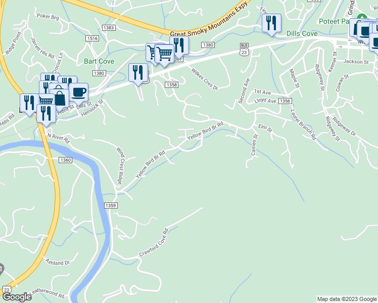 map of restaurants, bars, coffee shops, grocery stores, and more near 23 Brown Leaf Road in Sylva