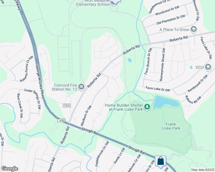 map of restaurants, bars, coffee shops, grocery stores, and more near 3589 Shadowcrest Drive Southwest in Concord