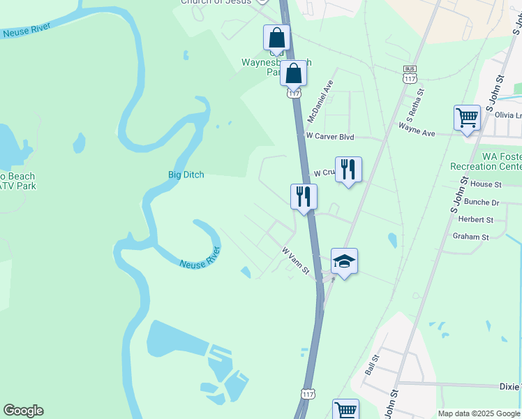 map of restaurants, bars, coffee shops, grocery stores, and more near 105 West Neuse Circle in Goldsboro