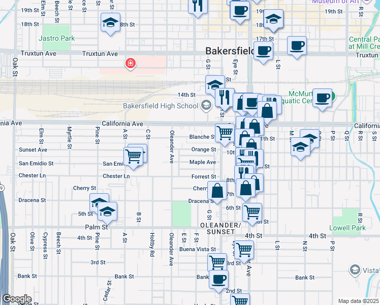 map of restaurants, bars, coffee shops, grocery stores, and more near 1836 Orange Street in Bakersfield