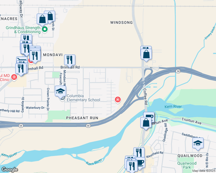 map of restaurants, bars, coffee shops, grocery stores, and more near 921 Jasmine Parke Drive in Bakersfield