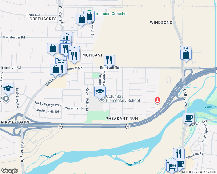 map of restaurants, bars, coffee shops, grocery stores, and more near 9016 Caymus Court in Bakersfield