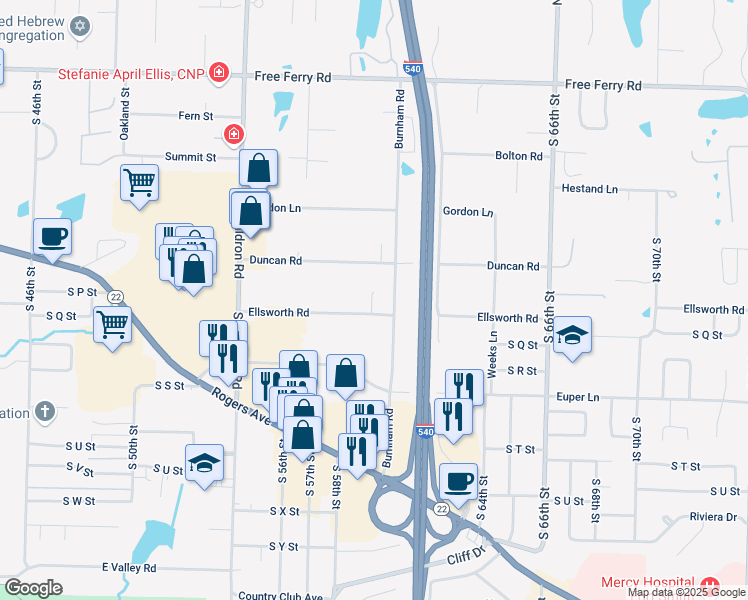 map of restaurants, bars, coffee shops, grocery stores, and more near 1606 Burnham Road in Fort Smith