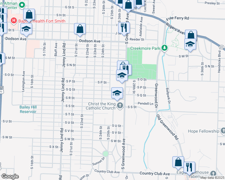 map of restaurants, bars, coffee shops, grocery stores, and more near 2601 South Q Street in Fort Smith