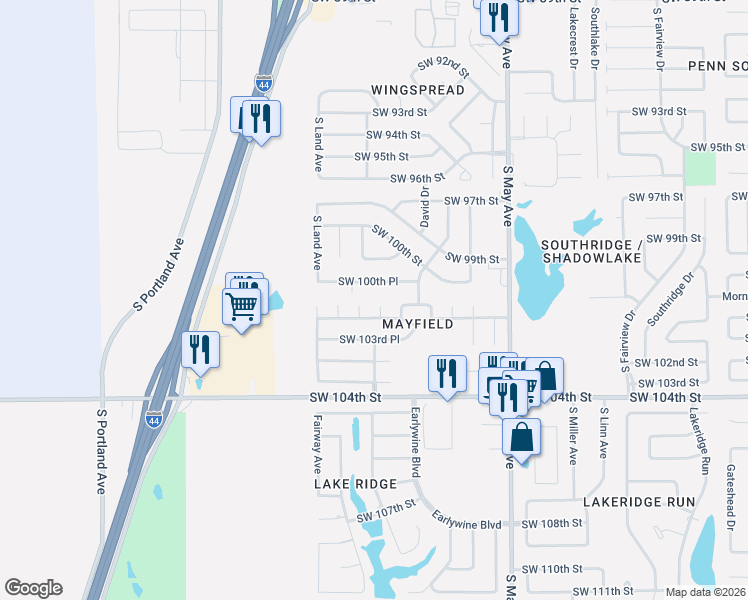 map of restaurants, bars, coffee shops, grocery stores, and more near 3144 Southwest 100th Place in Oklahoma City
