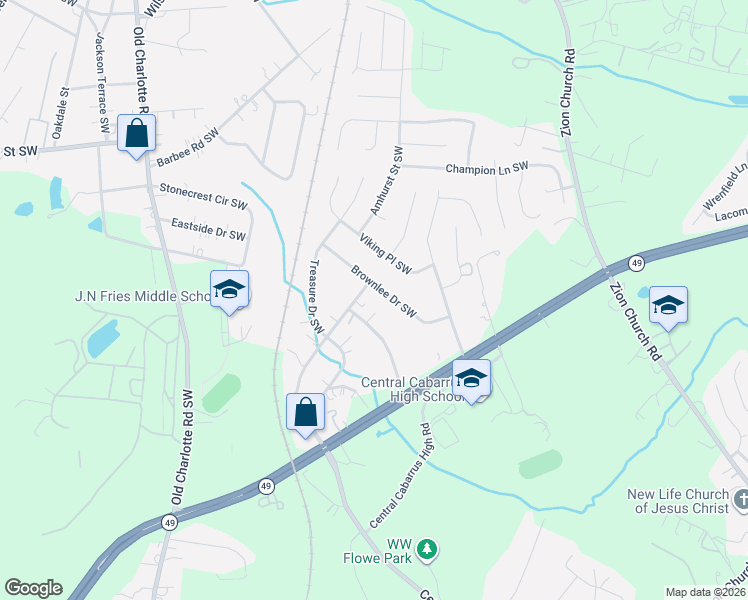 map of restaurants, bars, coffee shops, grocery stores, and more near 550 Brown Lee Drive Southwest in Concord