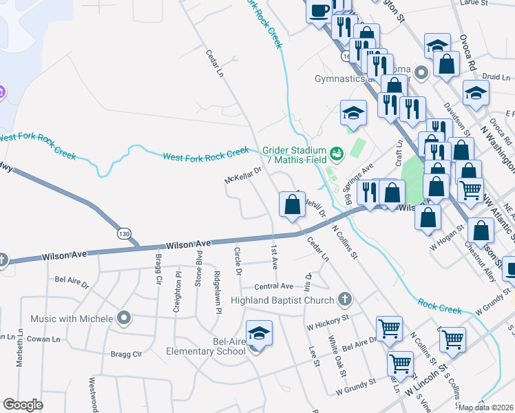 map of restaurants, bars, coffee shops, grocery stores, and more near 904 1st Avenue in Tullahoma