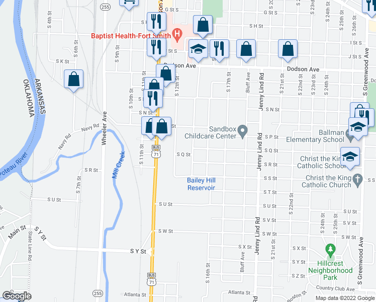 map of restaurants, bars, coffee shops, grocery stores, and more near 1407 South Q Street in Fort Smith