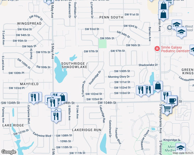 map of restaurants, bars, coffee shops, grocery stores, and more near 10050 Southridge Drive in Oklahoma City