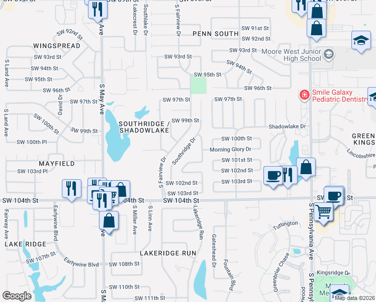 map of restaurants, bars, coffee shops, grocery stores, and more near 10047 Southridge Drive in Oklahoma City