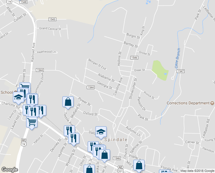 map of restaurants, bars, coffee shops, grocery stores, and more near 298 Georgia Street in Spindale